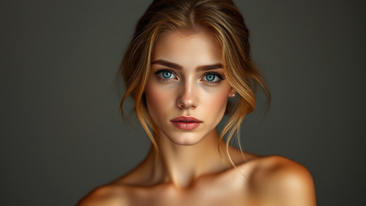 AI generated image by FLUX.1-schnell: age 25 fair color slim body blue eyes totally naked