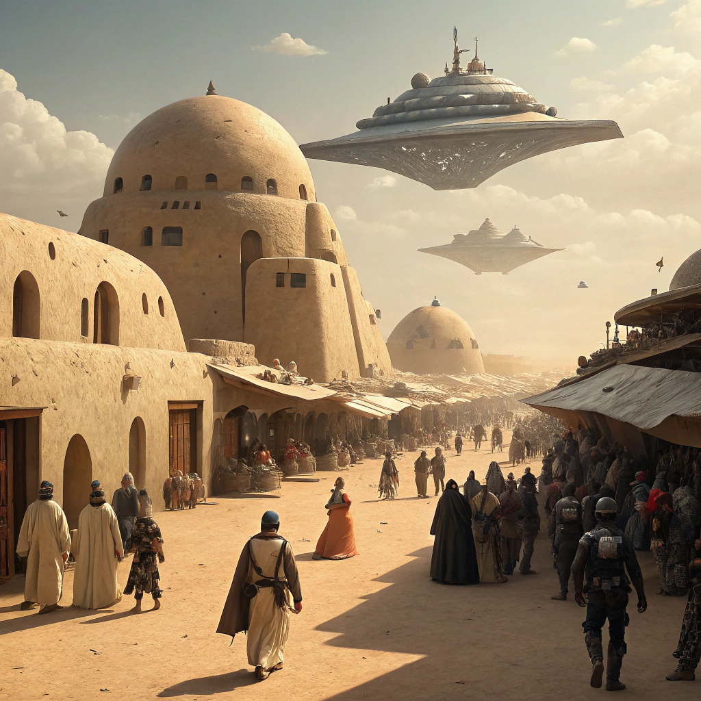 AI generated image by Red Panda AI: Star Wars cinematic style, Mos Eisley Spaceport, desert large city of stucco rounded adobe style buildings, large crowd of extraterrestrial aliens and robot droids walking around left and right and towards the camera, Empire's Star Destroyer enormous ship flying above