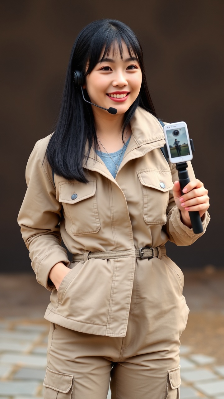 AI generated image by FLUX.1-schnell: Modern East Asian female reporter, 28 years old, long straight black hair, wearing light khaki expedition jacket with cinched waist and rolled sleeves, stretch cargo pants, hiking boots, wireless headset microphone, small waist bag, holding a selfie stick, expressive face, first-person Vlog broadcast style.