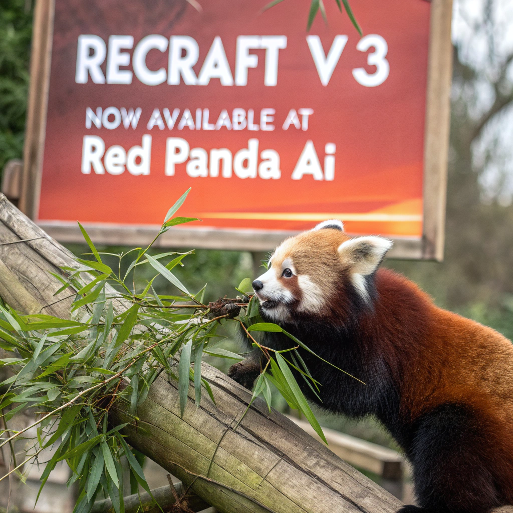 AI generated image by FLUX.1-schnell: a red panda eating a bamboo in front of a poster that says "recraft V3 now available at red panda ai