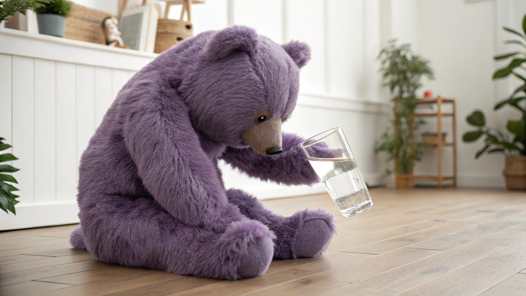 AI generated image by Red Panda AI: purple bear drinking from a glass of clean water
