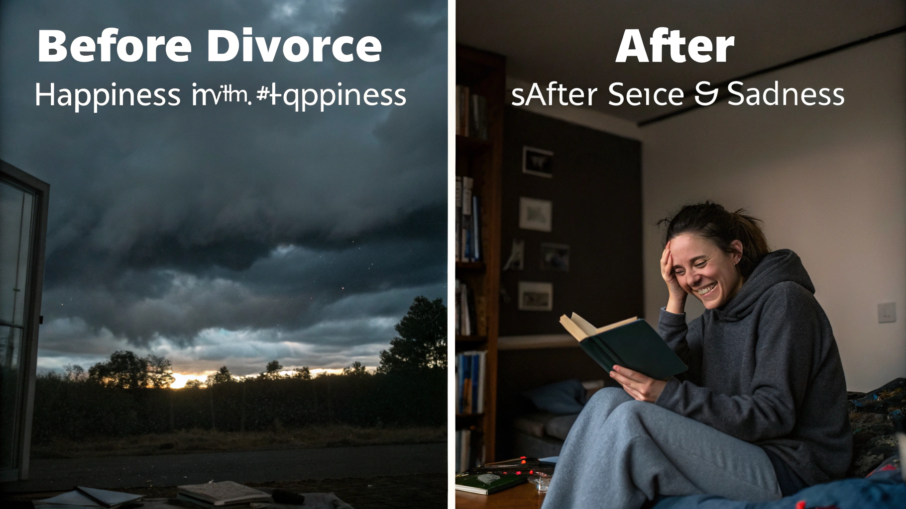 AI generated image by Red Panda AI: realiza una imagen de un antes y un despues de un divorcio dandole relevancia al despues con felicidad y antes con tristeza