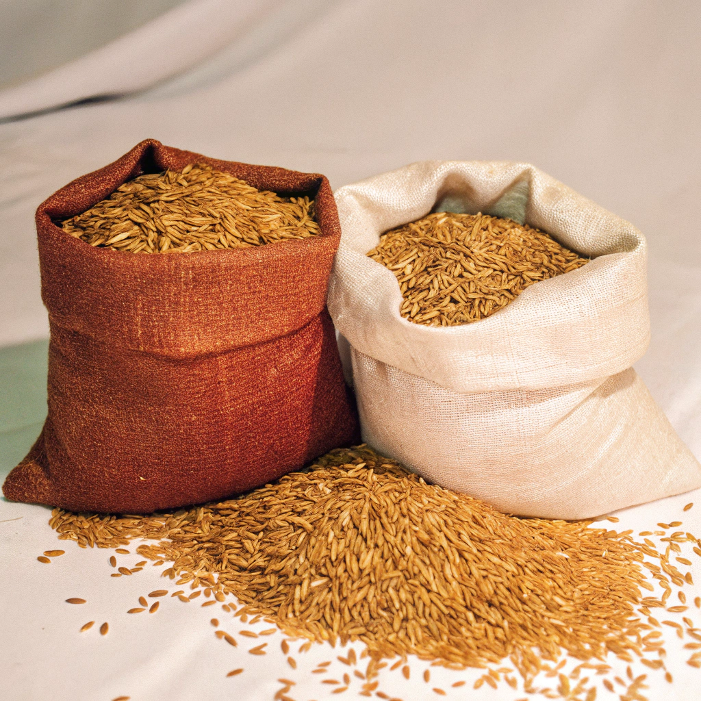AI generated image by Red Panda AI: sacos de fique con granos de arroz, fondo blanco, imagen unica,