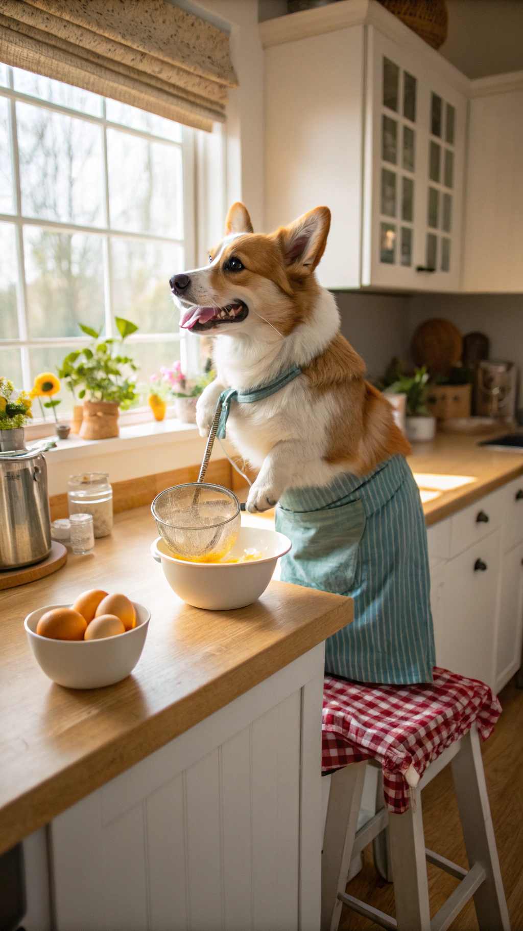 AI generated image by Red Panda AI: anthropomorphic corgi standing on top of a footstool wearing an apron whisking egg yolks in a bowl in an American suburban kitchen counter during the daytime.
