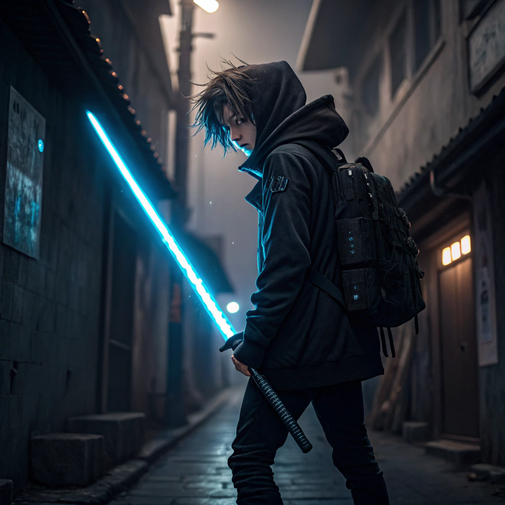 AI generated image by Red Panda AI: anime person with messy hair, black hoodie, black pants, katana and a bright blue sword on their back, eyes shining with intense blue fire, young
