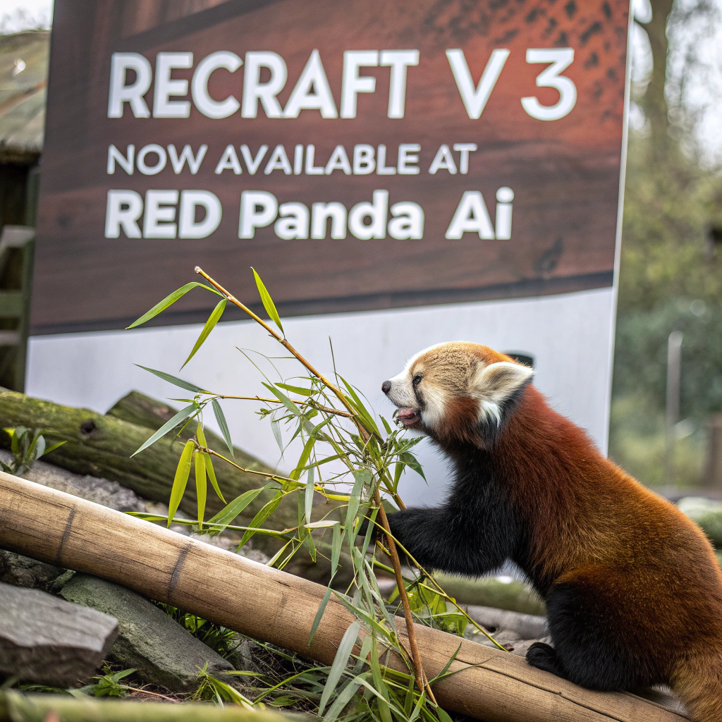 AI generated image by Red Panda AI: a red panda eating a bamboo in front of a poster that says "recraft V3 now available at red panda ai
