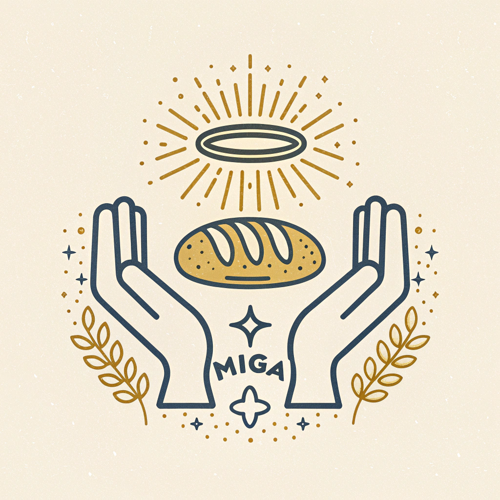 AI generated image by Red Panda AI: Quiero un icono estilizado de dos manos abiertas sosteniendo un pan con una aureola encima. Alrededor del pan y las manos hay pequeños puntos y estrellas, lo que sugiere un aura de santidad o bendición. Este tipo de imagen puede interpretarse como un símbolo de gratitud, bendición o santidad en relación con el alimento, específicamente el pan.
Es interesante porque combina elementos religiosos (la aureola) con un objeto cotidiano (el pan), lo que puede transmitir un mensaje de agradecimiento o reverencia hacia los alimentos básicos. Para un logo minimalista de "Santa Miga", podríamos centrarnos en resaltar la miga del pan y mantener un diseño simple y elegante.
¿Te gustaría seguir con esta idea o explorar otra dirección?