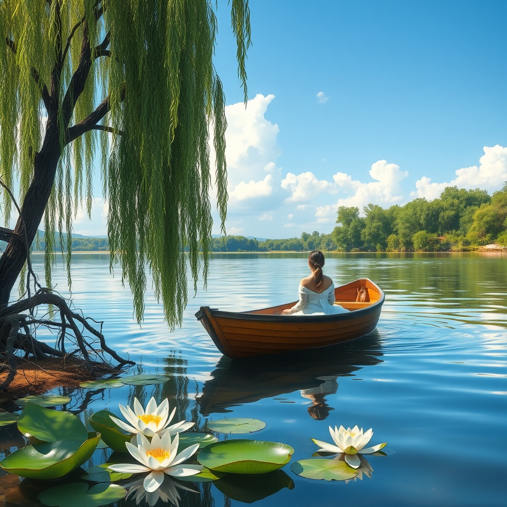 AI generated image by FLUX.1-schnell: A beautiful girl in a boat in the lake, a willow tree and branches leaned next to the shore, around a lily