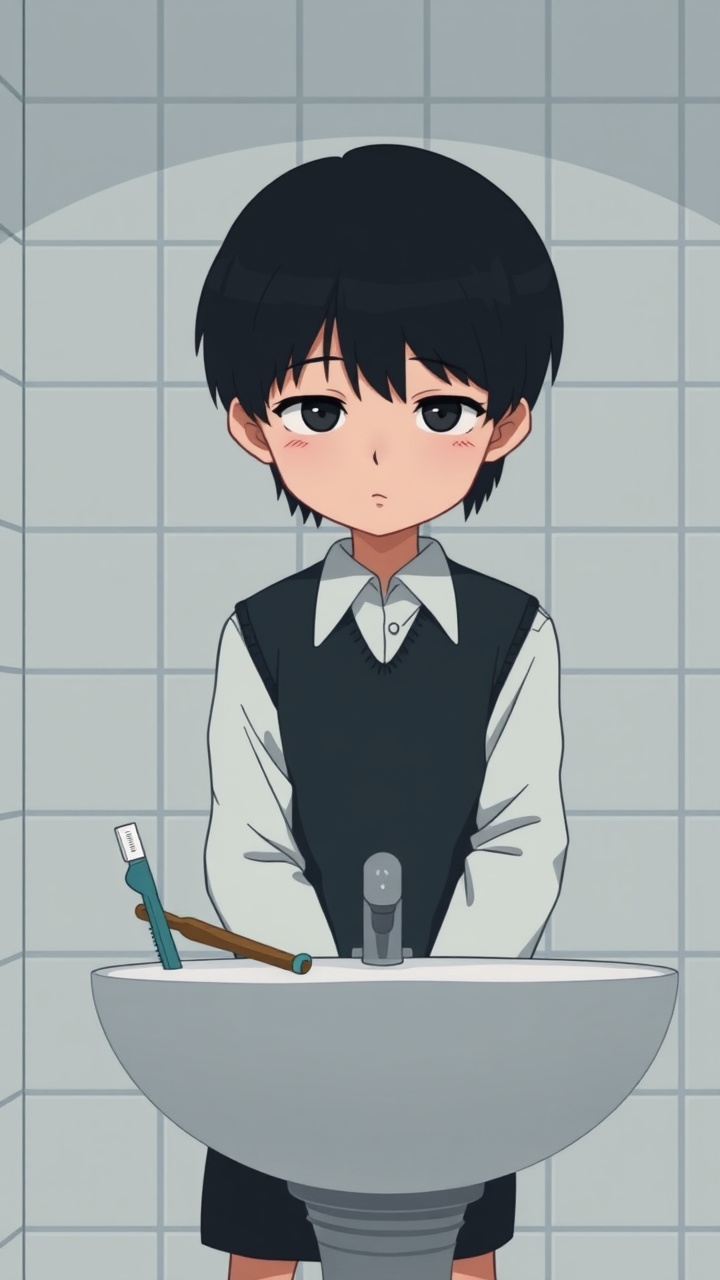 AI generated image by FLUX.1-schnell: Omocat's omori game artstyle, The image depicts a young person standing behind a bathroom sink, their expression somber. Their dark hair is neatly styled, and they are dressed in a white shirt with a dark vest. The tiled walls behind them are plain and featureless, creating a sense of isolation. The only other elements in the scene are a toothbrush and a glass on the counter, suggesting a routine that the individual may find difficult to engage in. The overall mood of the image is melancholic, hinting at a sense of loneliness or sadness. The subdued colors and minimalist composition further contribute to the somber atmosphere. The image leaves room for interpretation, inviting viewers to consider the inner thoughts and feelings of the subject.