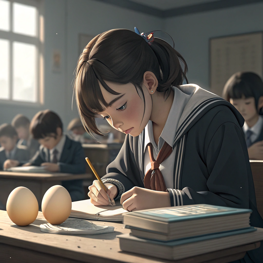 AI generated image by Red Panda AI: A smart schoolgirl sitting at her desk during an exam, with several chicken eggs placed among her pencils and books, trying to hide something, classroom background, soft lighting, anime-inspired illustration style