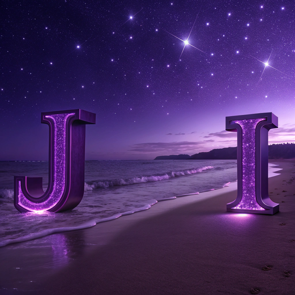 AI generated image by Red Panda AI: crea una imagen con una J y I en un ambiente morado con tasas de colores morados morados metálicos por ejemplo en una playa de noche que salga las iniciales ( J I )