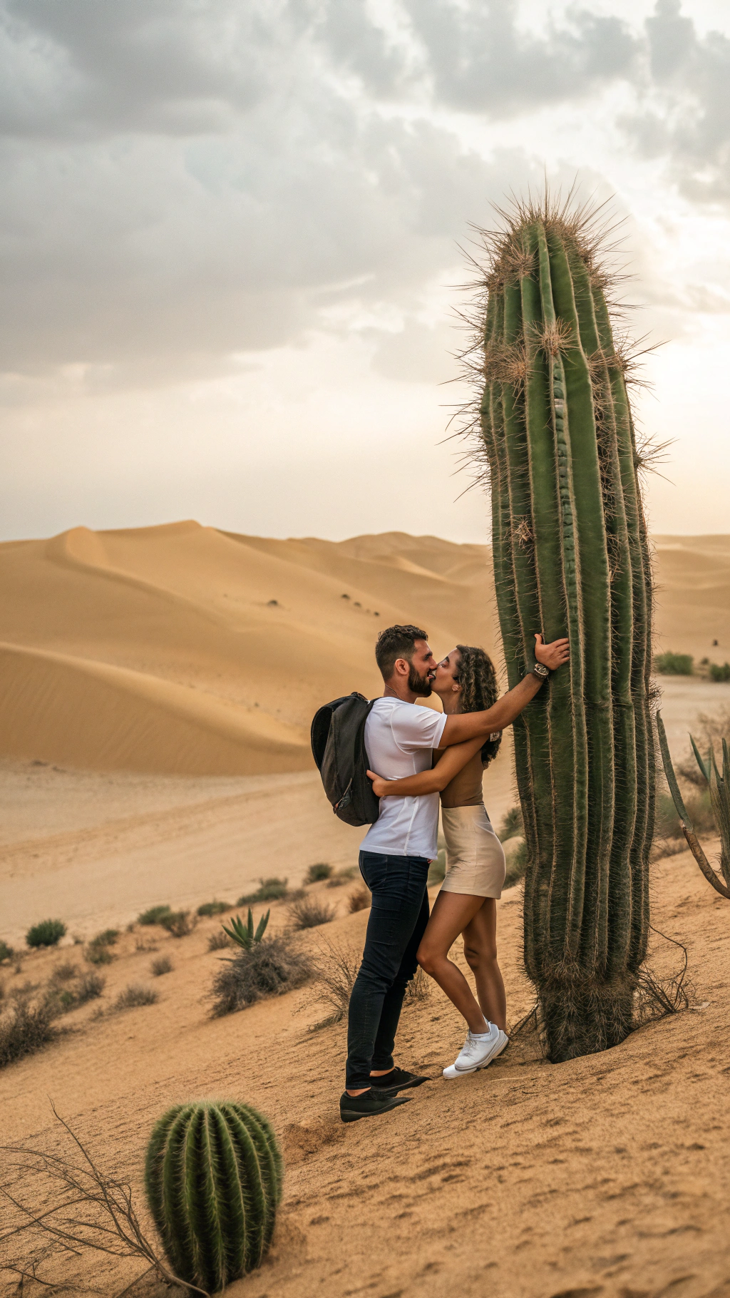 AI generated image by Red Panda AI: un hombre muy masculino abrazando a un mujer joven que tiene forma de cactus con muchas espinas en un desierto muy caluroso
