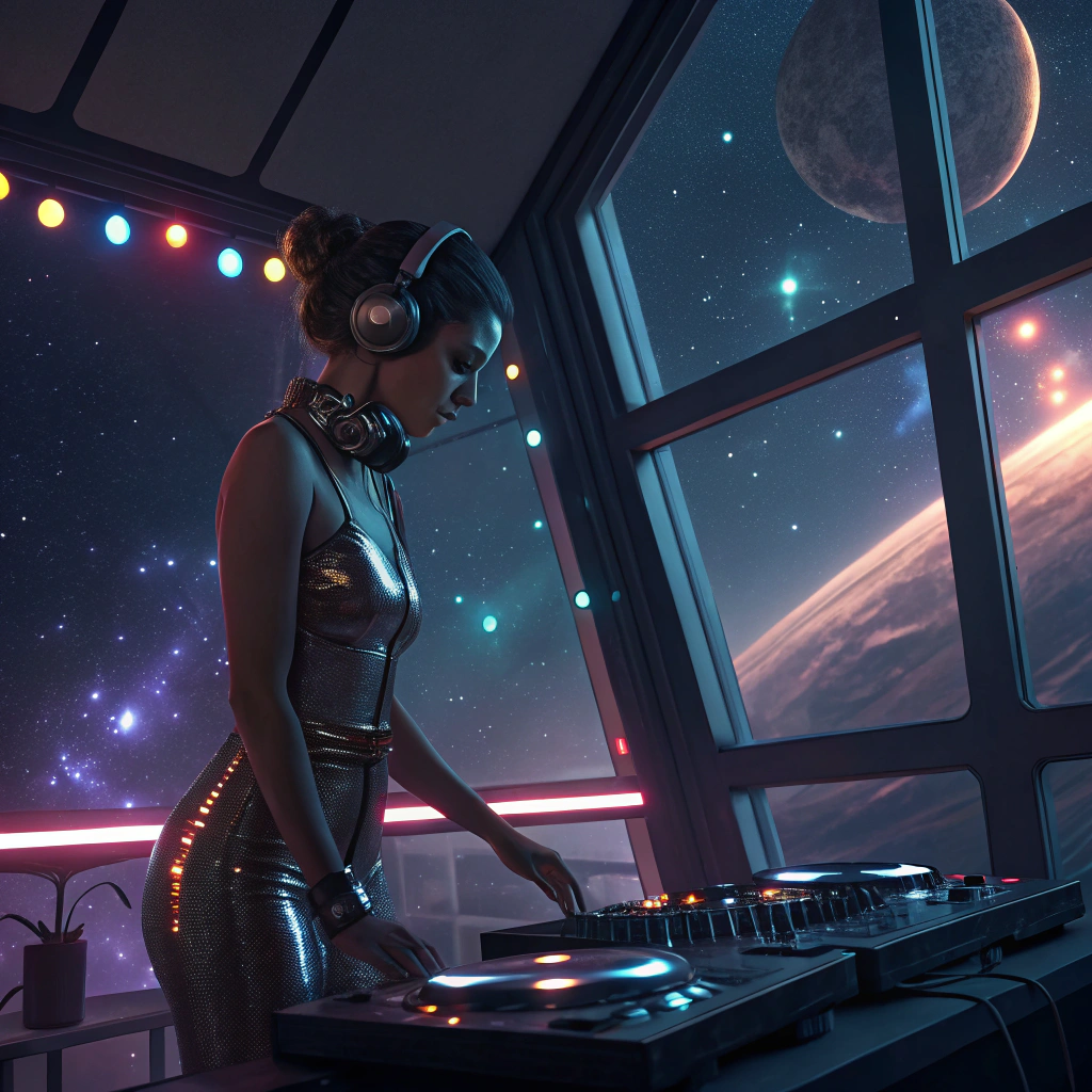 AI generated image by Red Panda AI: chica sexy dj en el espacio, en la ventana se ve el espacio y galaxias