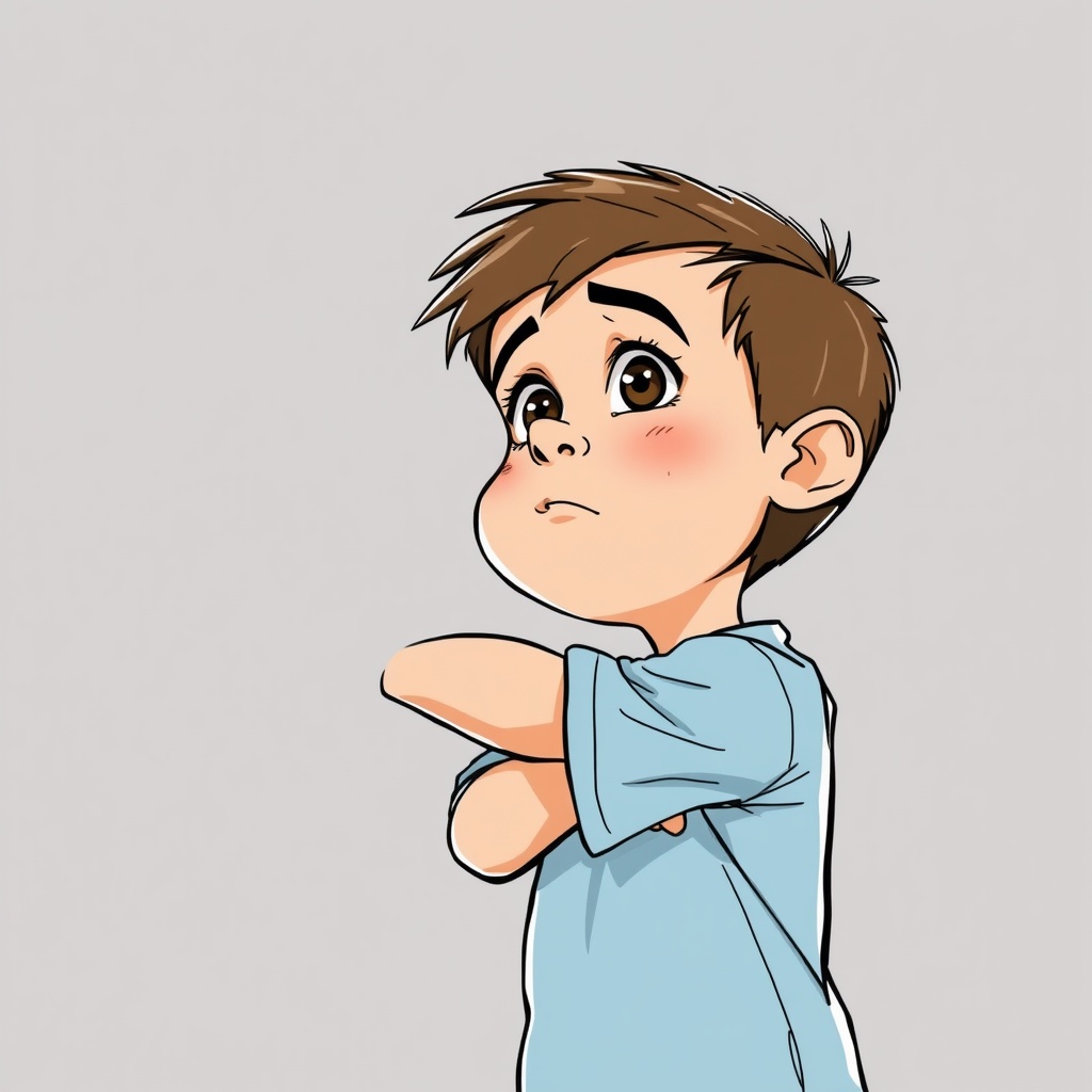 AI generated image by FLUX.1-schnell: Has un dibujo, estilo caricaturesco, de un niño con los brazos cruzados, la cabeza mirando hacia arriba, con expresión de interrogación.