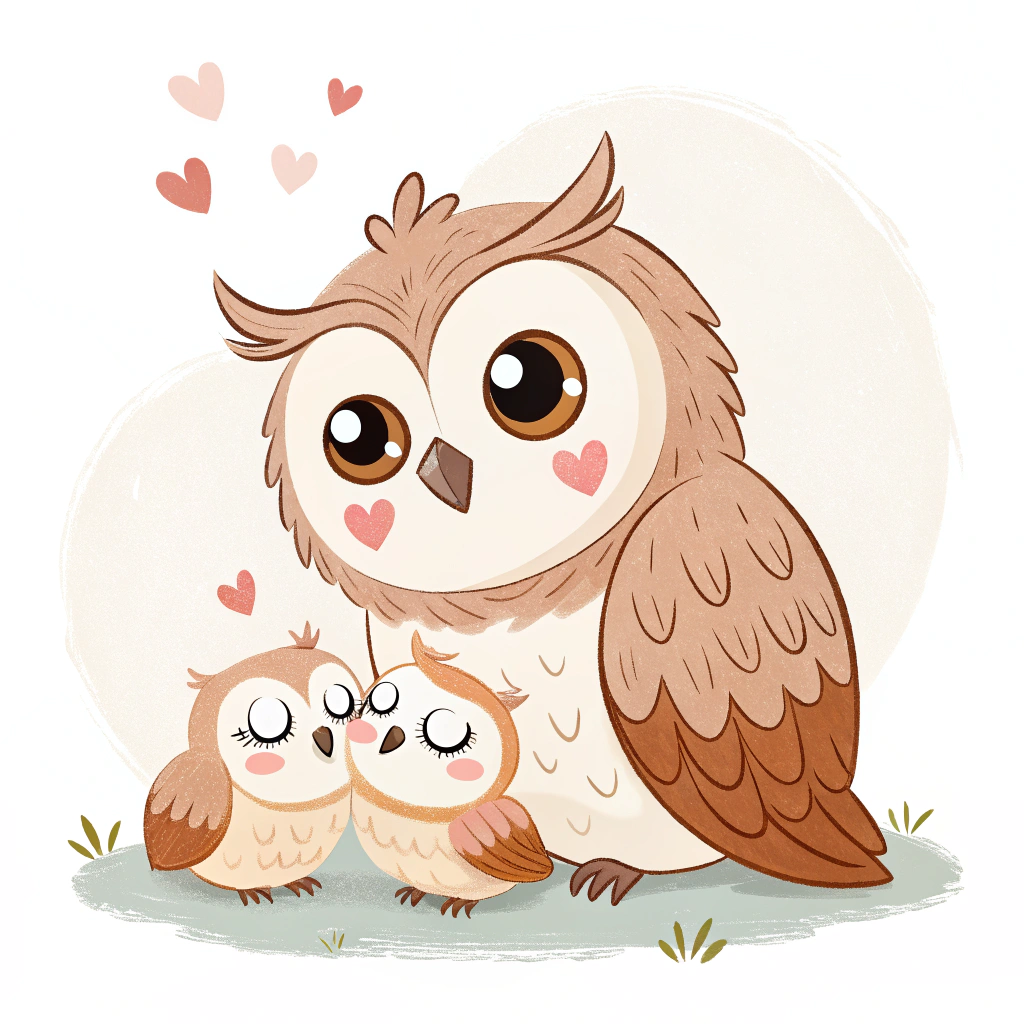 AI generated image by Red Panda AI: cute mom owl with cute baby owls