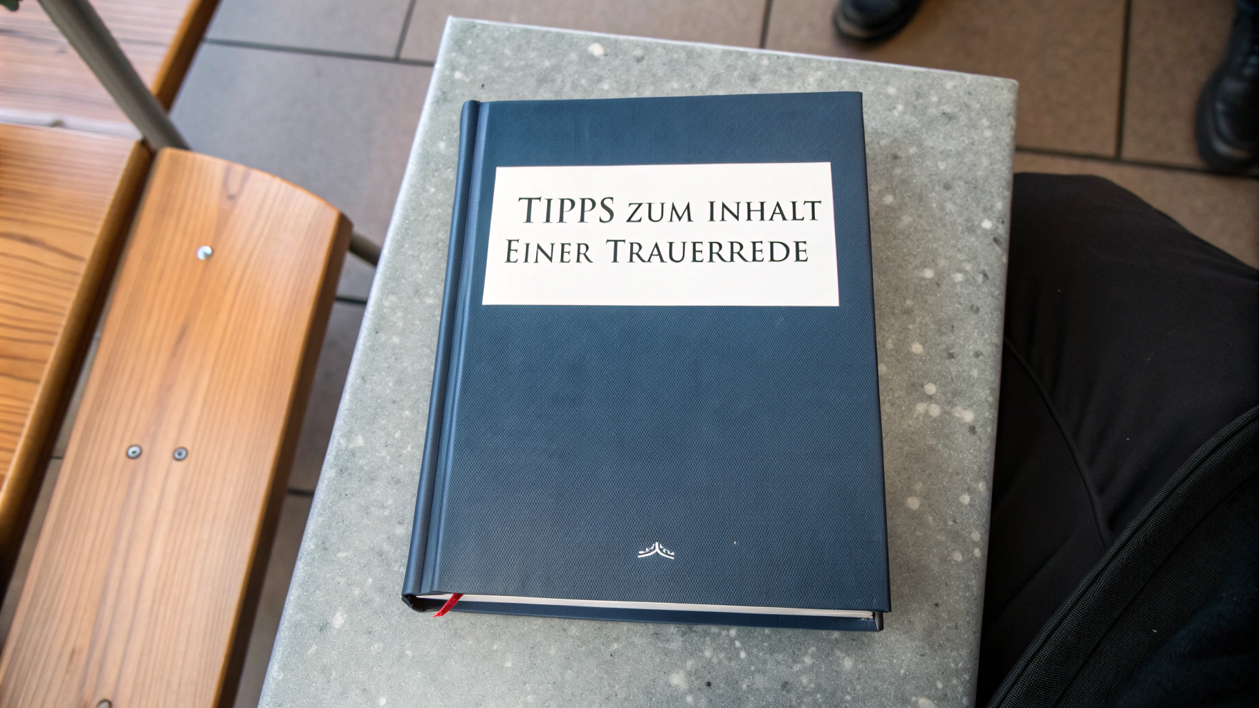 AI generated image by Red Panda AI: Ein geschlossenes Buch liegt auf einem Tisch. Auf dem Cover des Buches steht: „Tipps zum Inhalt einer Trauerrede“ Ansicht des Bildes: von oben auf das Cover.