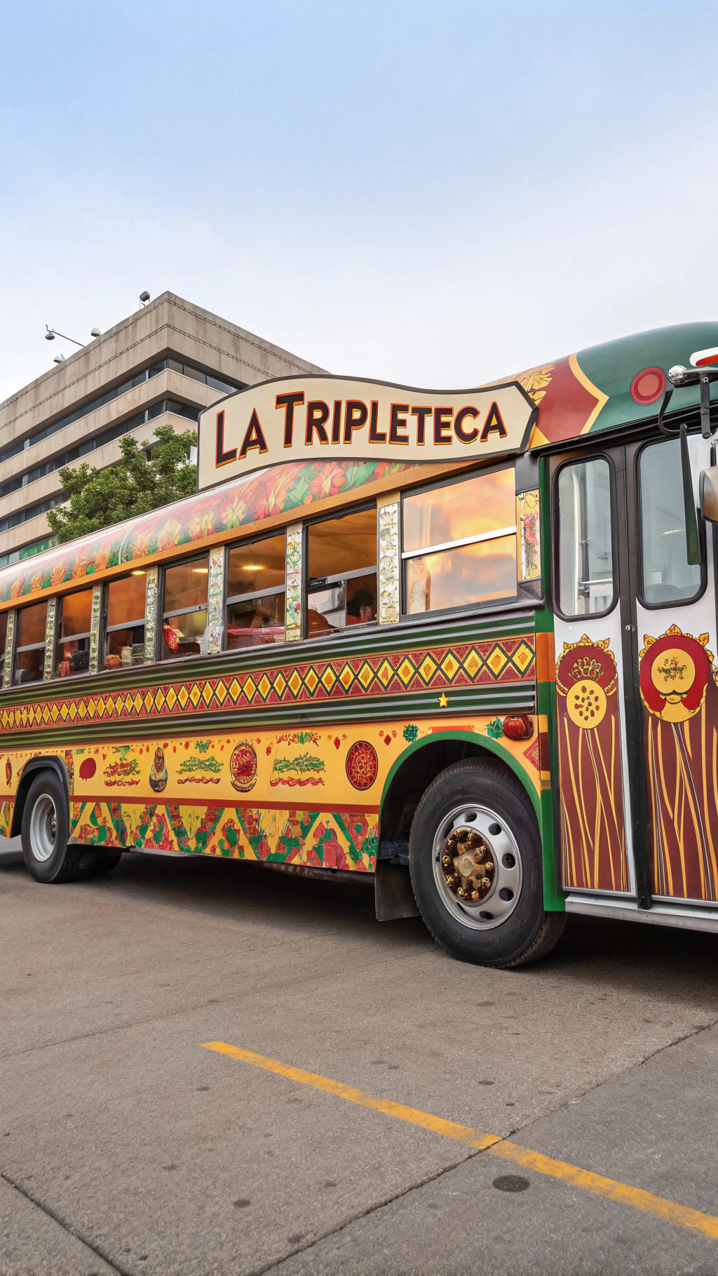 AI generated image by Red Panda AI: "Create me an image of a sandwich bus with a sign that says (La Tripleteca)"