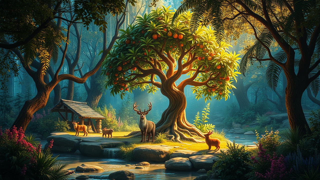 AI generated image by FLUX.1-schnell: El Jardín del Edén: Un paraíso exuberante con ríos cristalinos, árboles frondosos y animales en armonía. En el centro, el Árbol de la Vida con frutos resplandecientes. La escena está envuelta en una luz dorada mística