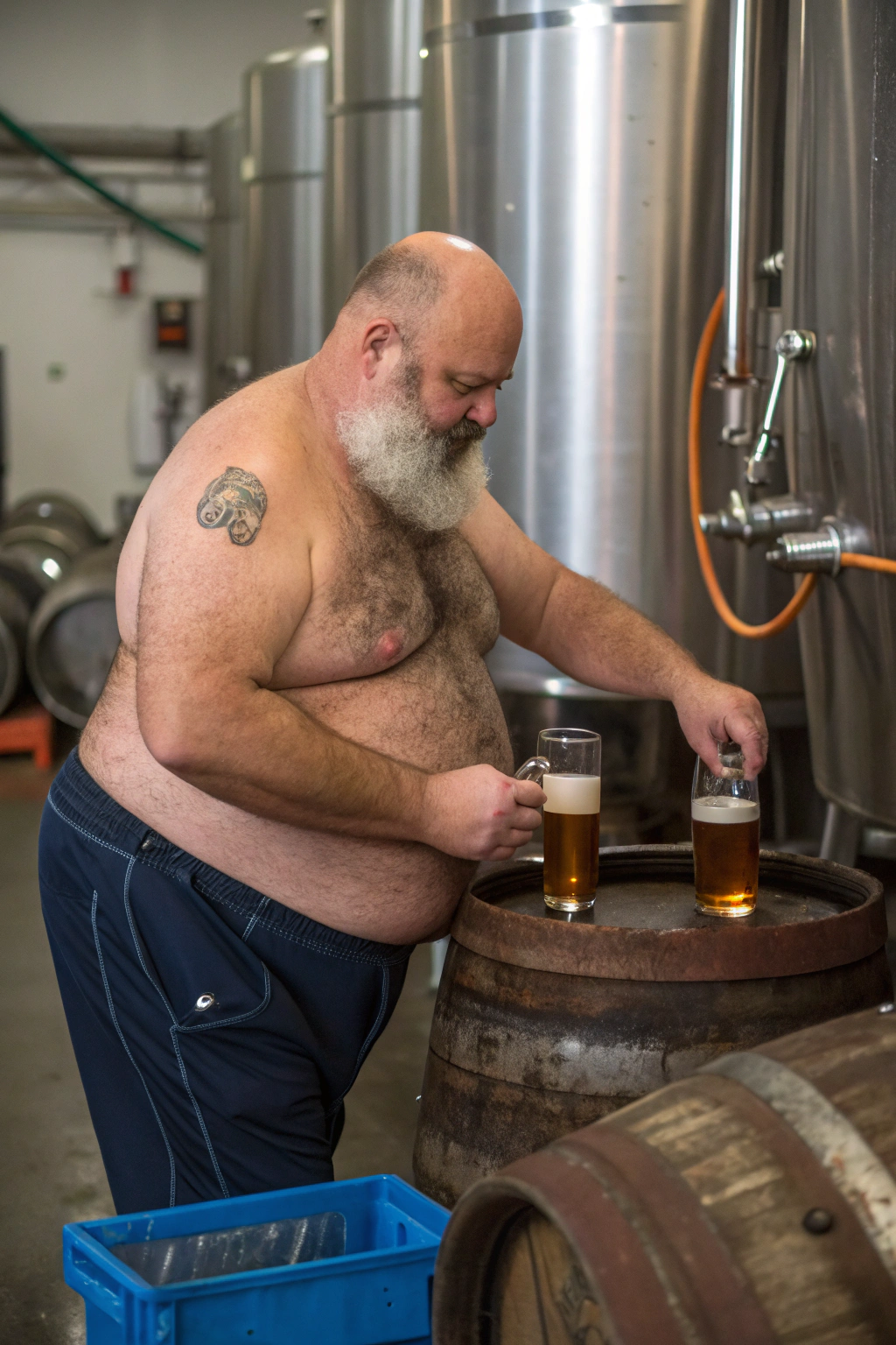 AI generated image by Red Panda AI: a slightly overweight 50 year old hirsute man at the brewery making beer. Man has heavy amount of body hair, hairy chest pattern, expanding his bloated heavy bearded-belly, bald head, white goatee