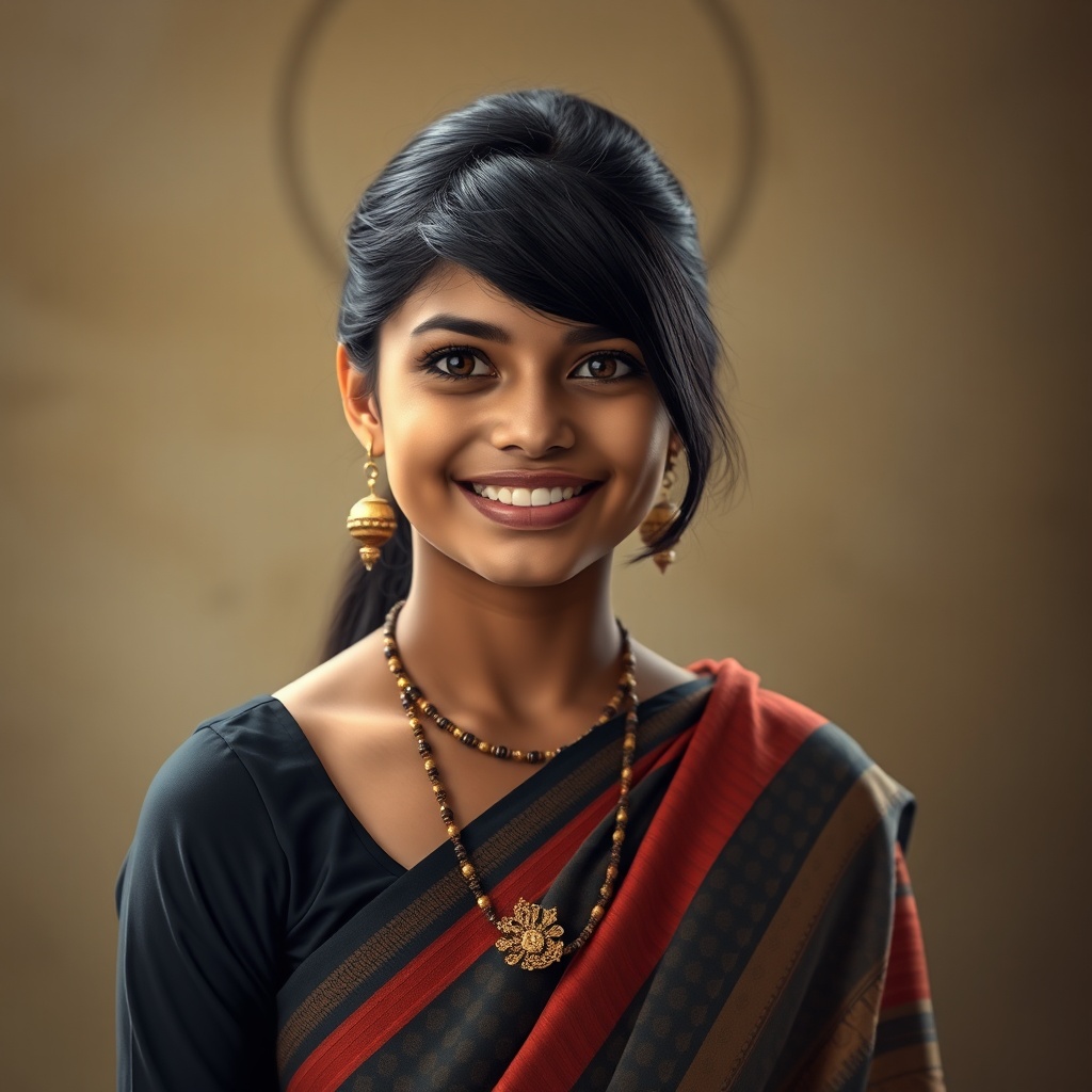 AI generated image by FLUX.1-schnell: Hyper realistic photo of Indian girl with half boyish hair cut wearing saree, smiling