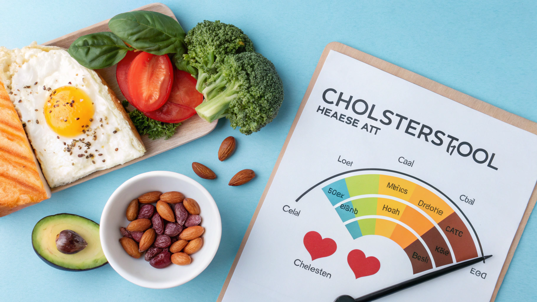 AI generated image by Red Panda AI: On the left side of photo create a realistic food, and on the right side of the photo create a cholesterol measure kit that is showing low level of cholesterol , on nice and blue background
