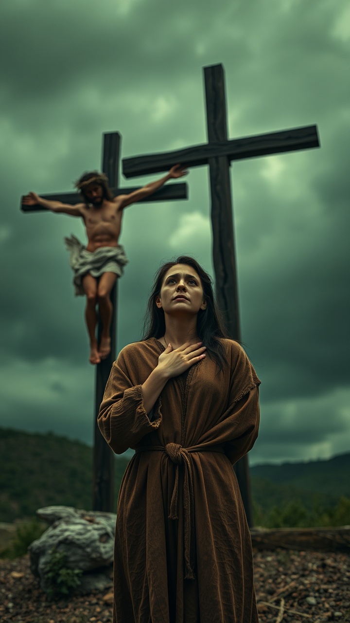 AI generated image by FLUX.1-schnell: In a hauntingly atmospheric 9:16 video shot, the scene opens on a solemn crucifixion, set against a dark, tumultuous sky that blankets the ancient landscape in a foreboding green-gray hue. Centered in the foreground stands a woman, her hand pressed to her heart in a pose of deep sorrow, with eyes fixed upward, embodying both reverence and grief. She is clothed in a loose, earth-toned robe tied with a simple belt, her expression deeply pained yet resilient, emphasizing her connection to the tragic events unfolding before her. Behind her rise two crosses, prominently featuring Jesus on the left, identifiable by his serene yet anguished expression, a crown of thorns encircling his head. His body shows signs of strain and suffering, with visible wounds and emaciated features, capturing the unmistakable imagery of the crucifixion with hyper-realistic detail.
Camera Movement: The shot begins with a slow upward tilt, starting from the woman’s waist, moving gracefully to her face, capturing the intensity of her emotions. The camera then gently shifts focus to reveal Jesus on the cross, slowly zooming in to emphasize the details—his face lined with suffering yet marked by a quiet acceptance, the crown of thorns casting shadows on his forehead, his wounds stark against his pale skin. This movement transitions to show the secondary figure on the cross, further amplifying the scene’s gravity. IMAX-level detail highlights every fabric fold, facial expression, and muscle strain, rendering the scene in ultra-high definition. The lighting casts dramatic shadows across the somber crowd in the background, who watch in silent mourning, their faces etched with anguish and reflection. This cinematic HD photorealistic shot captures award-winning cinematography, bringing extreme realism to this powerful, emotionally resonant moment, set against a desolate, stormy sky.