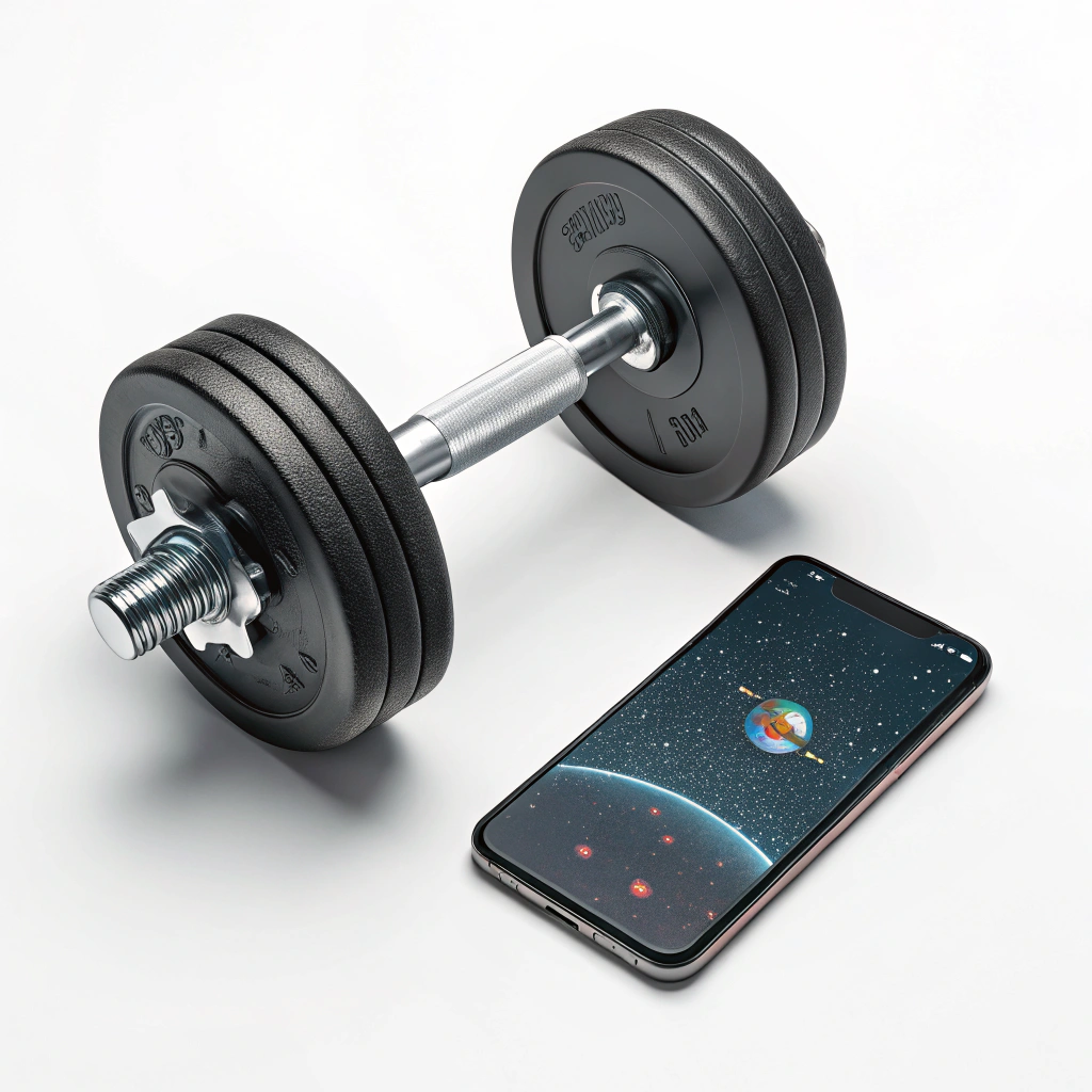 AI generated image by Red Panda AI: Smartphone between dumbbells, isolated, space shield