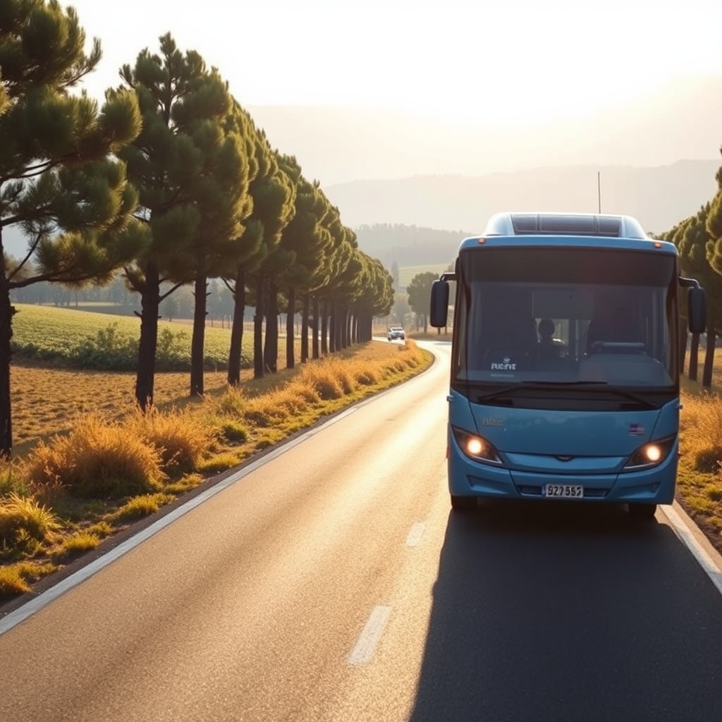 AI generated image by FLUX.1-schnell: Erstelle ein realistisches Bild. Ein moderner blauer Reisebus fährt durch die italienische Toskana. Es ist früher Nachmittag Ende Oktober. Die Sonne scheint. Entlang der Straße stehen Pinienbäume. Die Landschaft ist leicht hügelig. Das Licht ist warm und weich. Fotografiert leicht von oben wie mit einer Drohne.