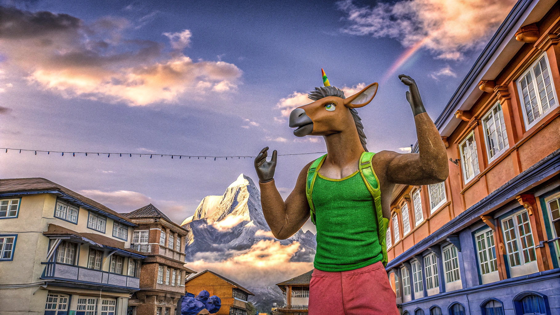 AI generated image by Red Panda AI: Un âne musclé en train de raper sur le mont Everest devant un public de lamas au style urbain, dans le ciel de beaux nuages laissent entrepasser les rayons du soleil couchant. On voit au loin un majestueux dragon qui se déplace grâce à des prouts arc en ciel.