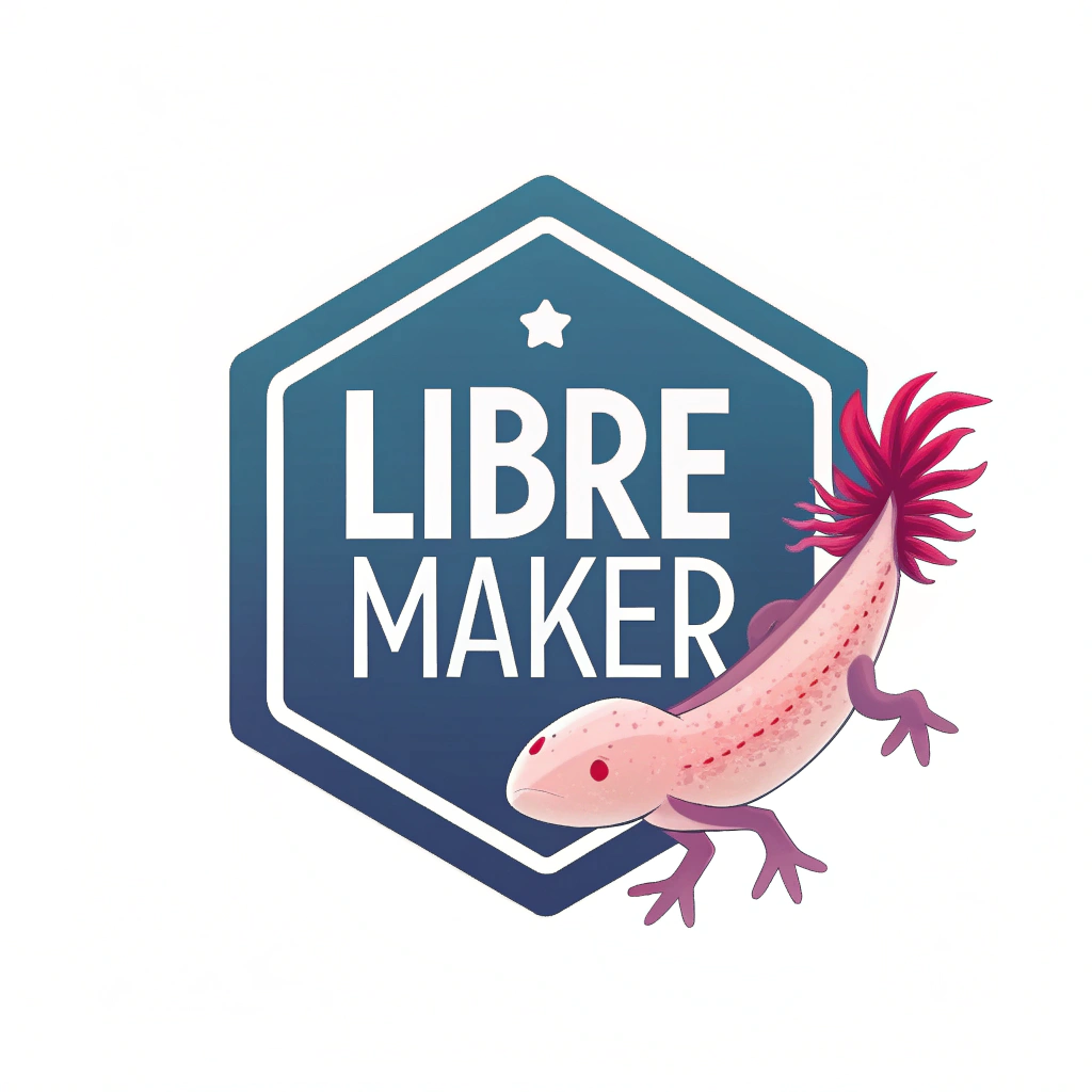 AI generated image by Red Panda AI: crea un logo utilizando la siguiente palabra, Libre Maker, incluye un ajolote imprimiendo en 3D