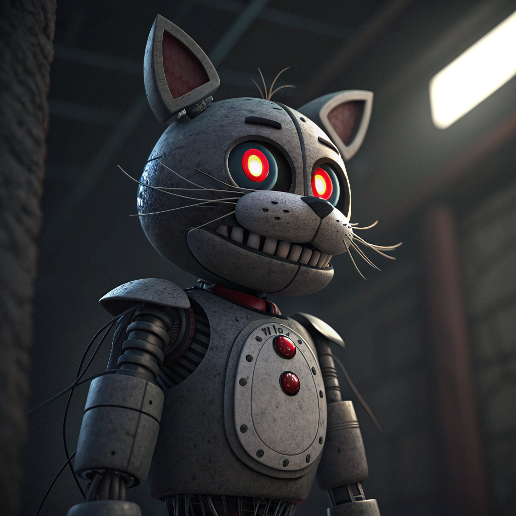 AI generated image by Red Panda AI: Animatronico gata gris al estilo Five nights at freddys 4