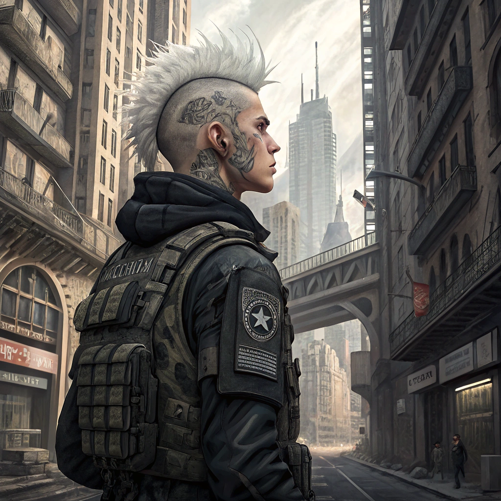 AI generated image by Red Panda AI: A 21-year-old soldier with a white mohawk and tattoos on the sides of his head, wearing black and grey urban camouflage fatigues with matching flak armor. Set in a hive city with enormous brutalist buildings with a gothic motif connected by countless walkways, lifts and bridges.