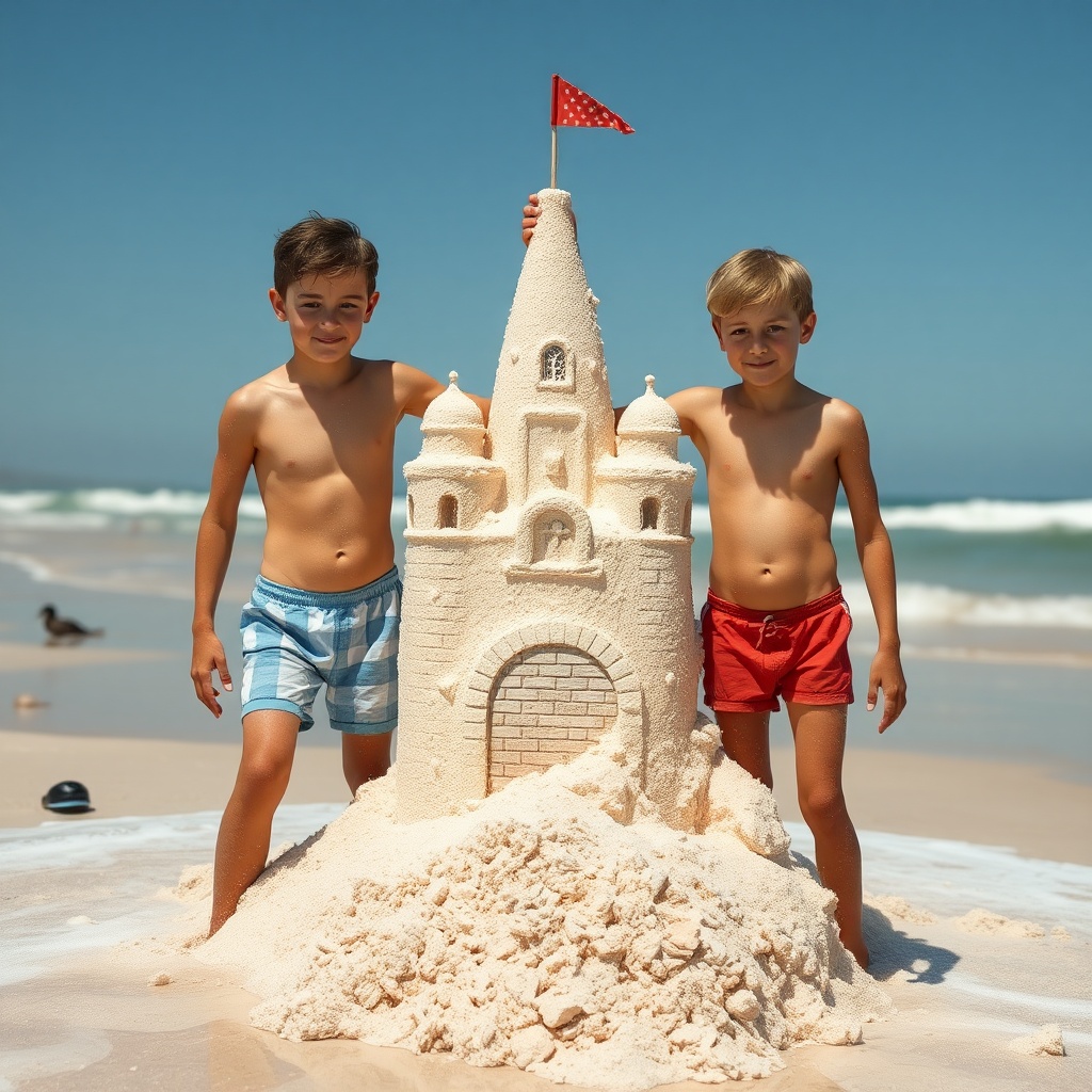 AI generated image by FLUX.1-schnell: deux garçons de dix ans en slip de bain faisant un château de sable sur la plage