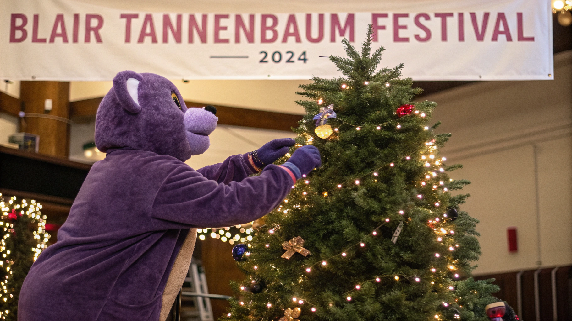 AI generated image by Red Panda AI: purple bear puts an ornament on a Christmas Tree, there is a banner that says, "Blair Tannenbaum Festival 2024"