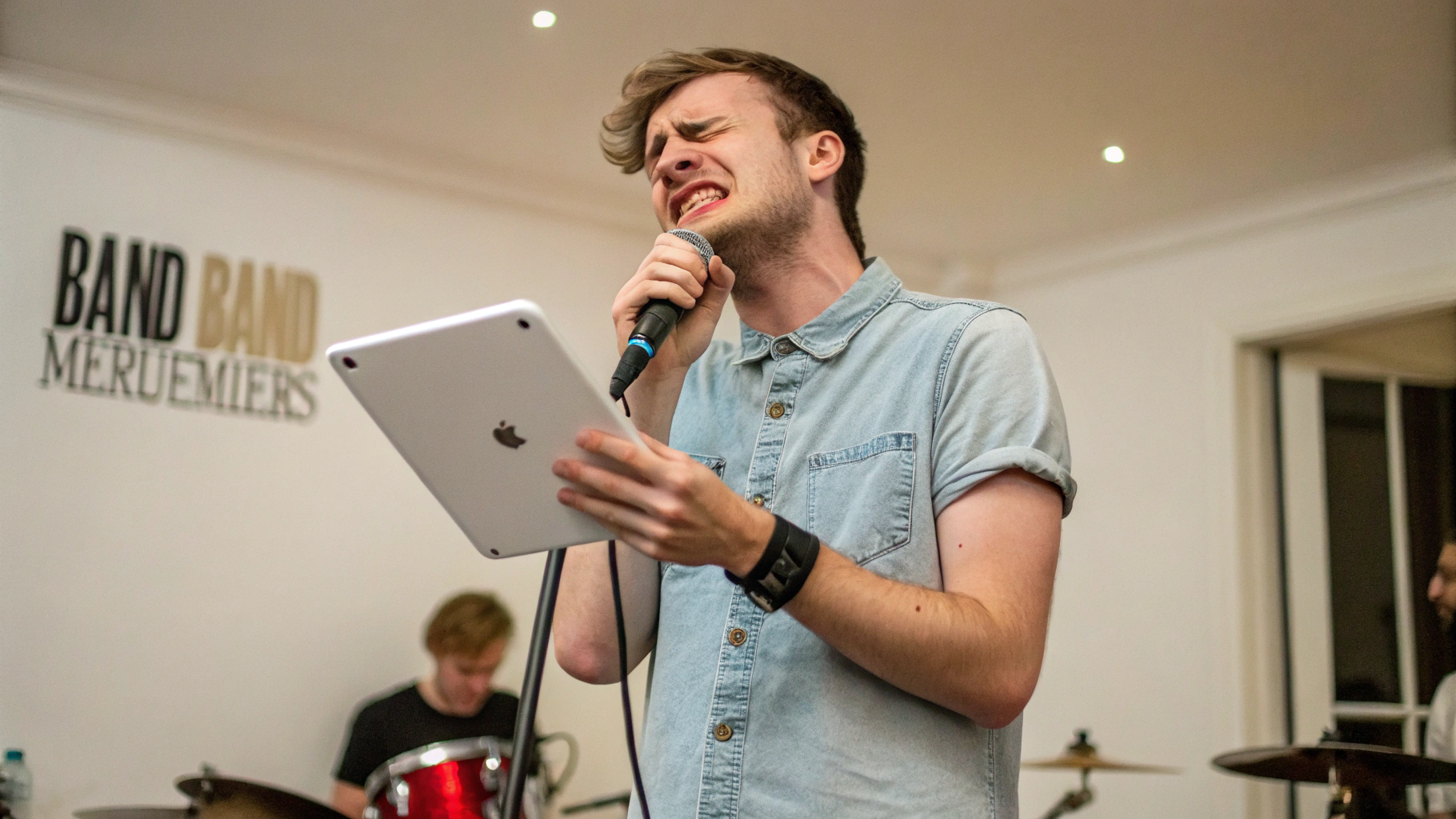 AI generated image by Red Panda AI: Singer looking for band. All styles! I must use an iPad, though. I don't have time to learn the songs. Plus, my confidence level is super low without standing behind the iPad.