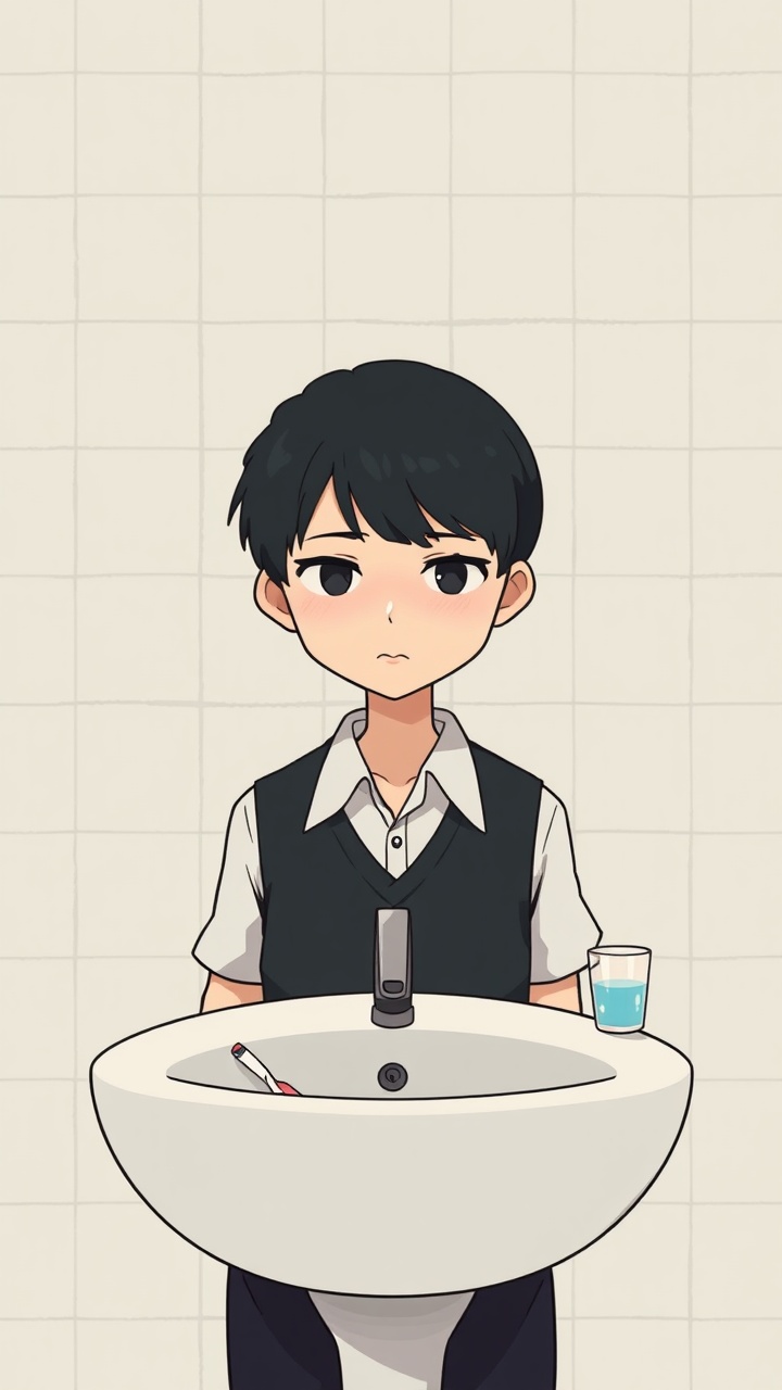 AI generated image by FLUX.1-schnell: Omocat's omori game artstyle, The image depicts a young person standing behind a bathroom sink, their expression somber. Their dark hair is neatly styled, and they are dressed in a white shirt with a dark vest. The tiled walls behind them are plain and featureless, creating a sense of isolation. The only other elements in the scene are a toothbrush and a glass on the counter, suggesting a routine that the individual may find difficult to engage in. The overall mood of the image is melancholic, hinting at a sense of loneliness or sadness. The subdued colors and minimalist composition further contribute to the somber atmosphere. The image leaves room for interpretation, inviting viewers to consider the inner thoughts and feelings of the subject.
