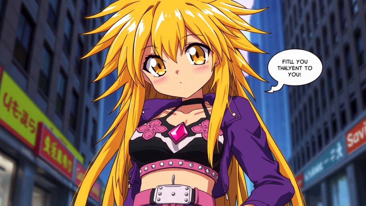 AI generated image by FLUX.1-schnell: Anime art by Kazuko Tadano, as gaogaigar character, 1997 anime style tv show screencap screenshot, golden orange eyes, big cartoonish eyes, golden yellow orange fallen grungy messy hair, big lionhair style, long messy spiky hair fringe bangs, tanned skin, purple black leather jacket, purple black leather pants, studded pink belt, black sport bra with pink and white designs, fit attractive femenine body with few muscular abs, woman, pink gem navel piercing, big femenine chest, city background, talking to you