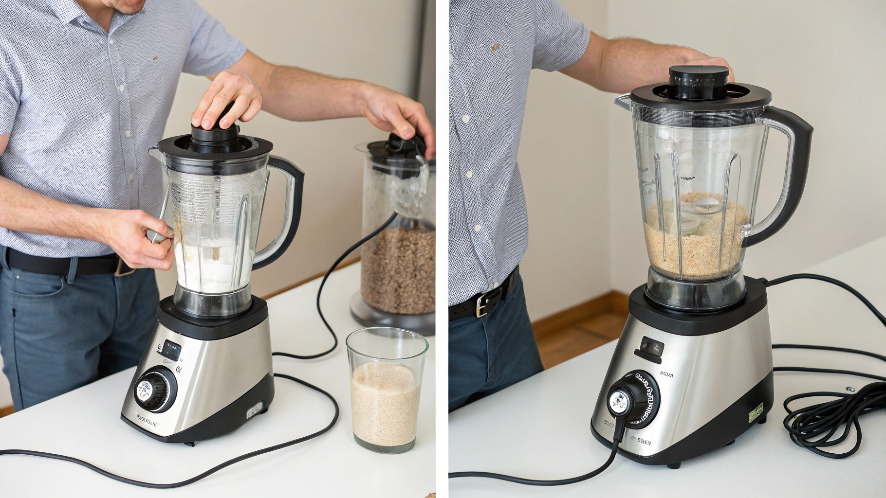 AI generated image by Red Panda AI: Create a sequence of five images illustrating the process of assembling a household blender. The images should not contain any text. Each step must be depicted clearly, with a focus on the action being performed. Include a person performing the steps where feasible, otherwise highlight the object itself in action.
1. A person verifying that the blender base is unplugged from an electrical outlet.
2. The person ensuring that the blender's control knob is set to the 'OFF' position.
3. The person placing the assembled blender jar onto the base, aligning the jar's handle to the right side.
4. The person gripping the blender jar handle and rotating it to the left until it locks securely into place.
5. The person plugging the blender's power cord into an electrical outlet.
The style should be realistic and clean, with a neutral background to maintain focus on the steps. Ensure clarity in the depiction of each action to convey the process effectively.