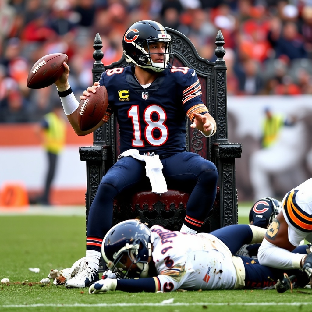AI generated image by FLUX.1-schnell: Bears QB Caleb Williams 18 sitting on the NFC north throne atop the broken bodies of his opponents