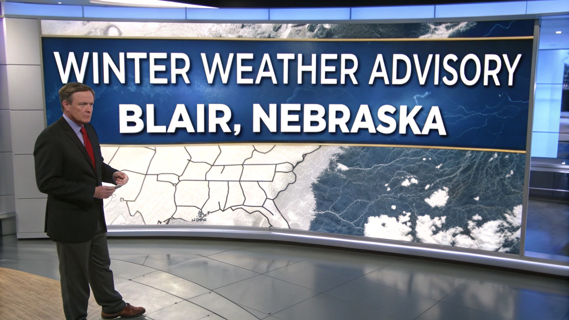 AI generated image by Red Panda AI: weather alert, dangerous cold, winter storm, snow, professional tv graphic text reads "Winter Weather Advisory for Blair, Nebraska", a weather report graphic on TV flashes, "Winter Weather Advisory for Blair, Nebraska"