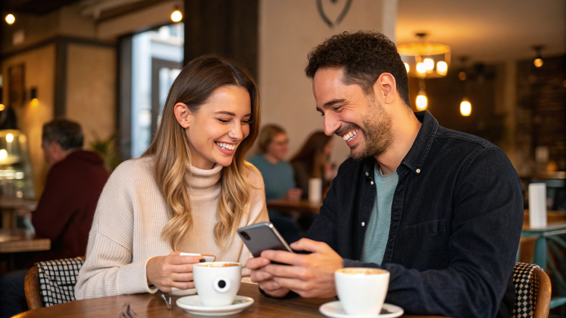AI generated image by Red Panda AI: A man receives a woman's number after chatting on Instagram, both smiling naturally.