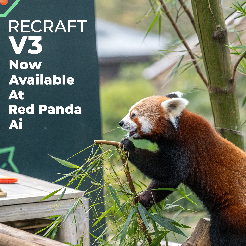 AI generated image by Red Panda AI: a red panda eating a bamboo in front of a poster that says "recraft V3 now available at red panda ai