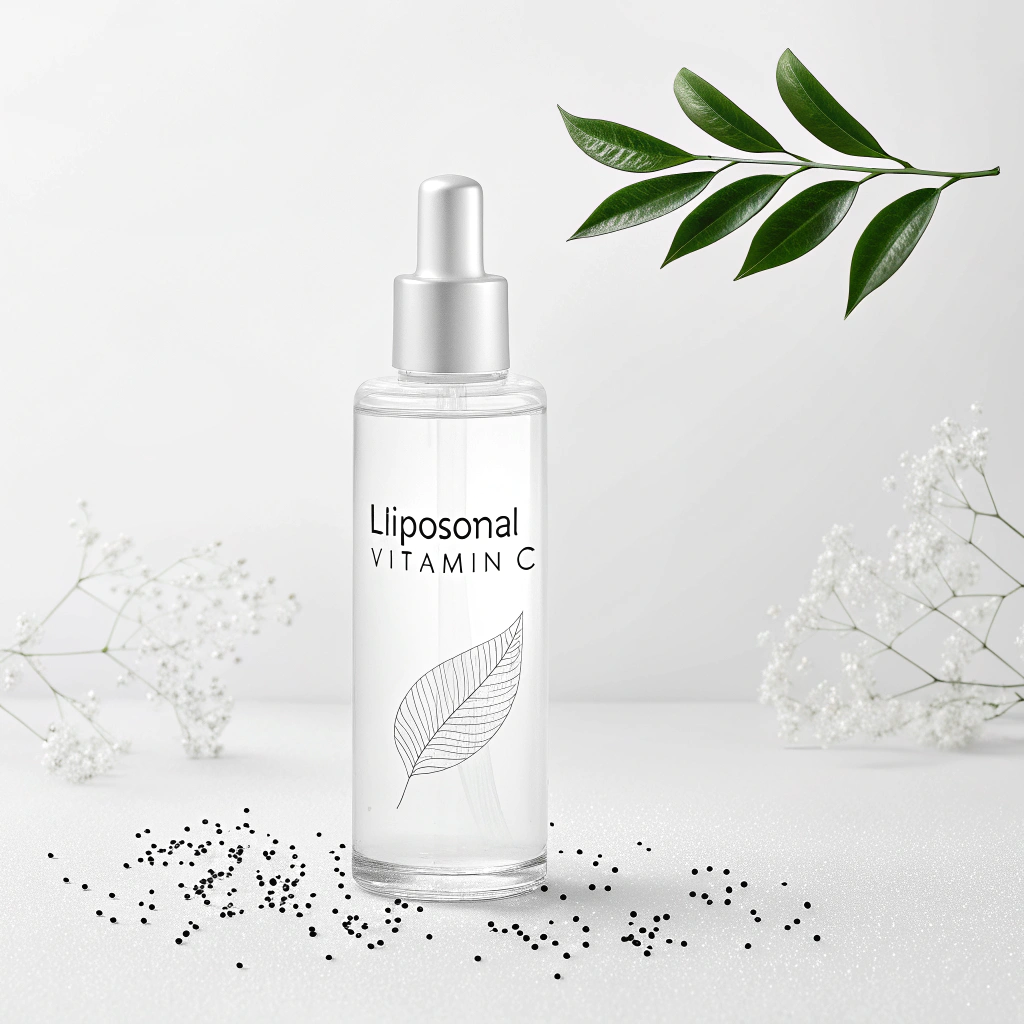 AI generated image by Red Panda AI: liposomal vitamin C packaging (bottle) minimal style