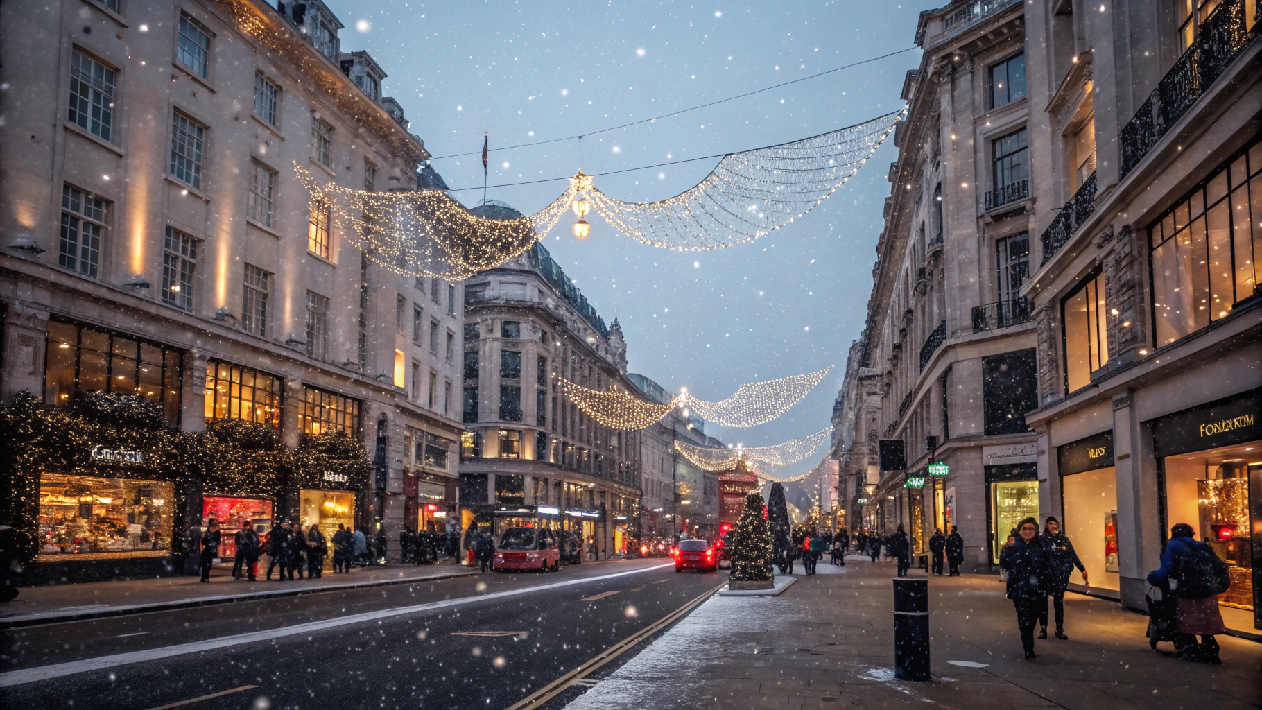 AI generated image by FLUX.1-schnell: a side facing view of a busy street at Christmas in London, with festive decorations and twinkling lights. The scene captures the bustling holiday atmosphere, with the snow gently falling. The view is from a low, near feet level shot, looking across the road towards the shops.