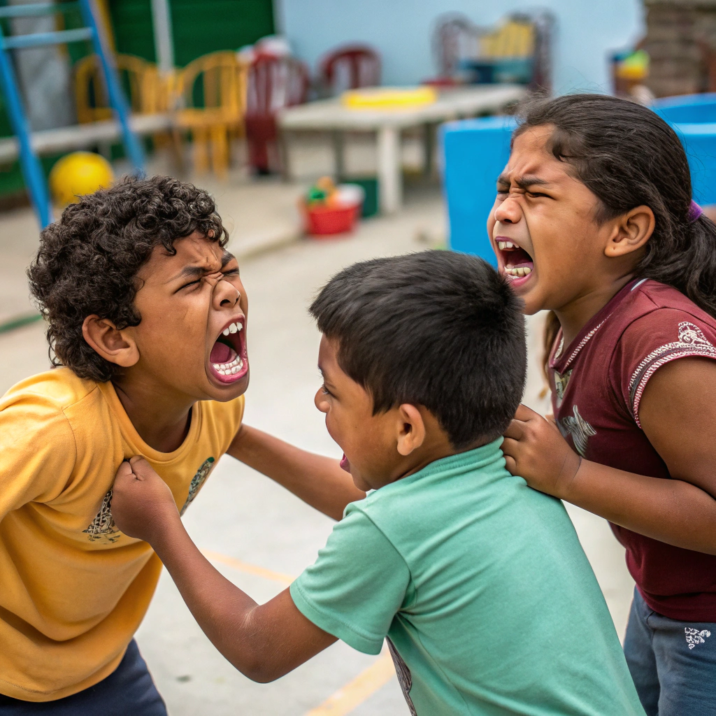 AI generated image by Red Panda AI: EJEMPLO DE NIÑOS SUDAMERICANOS CON CONDUCTA AGRESIVA