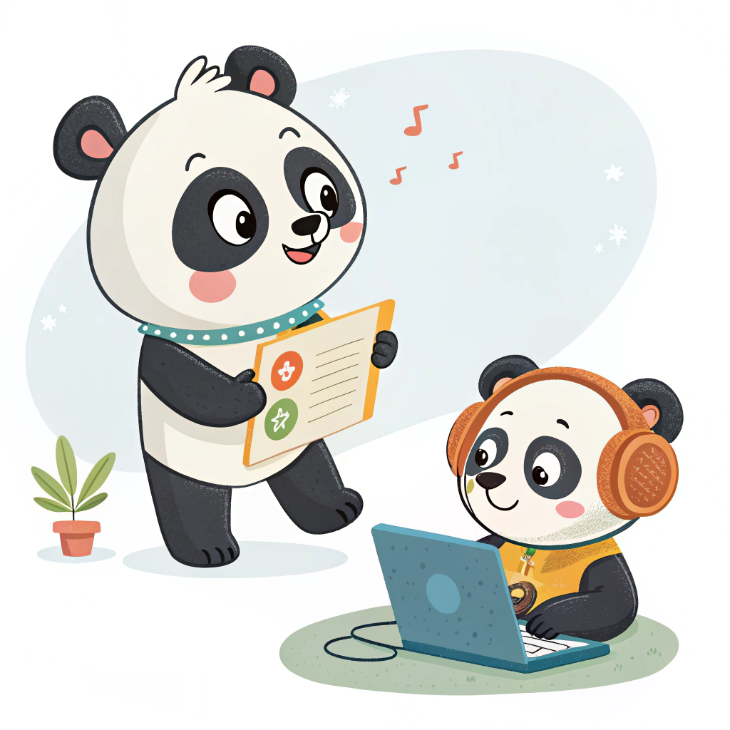 AI generated image by Red Panda AI: Quiero que diseñes un panda que lo voy a usar para mi proyecto web. Por ejemplo un panda usando una laptop, un panda con un certificado o un panda con audifinos. Que sea un panda animado como que sea para niños.