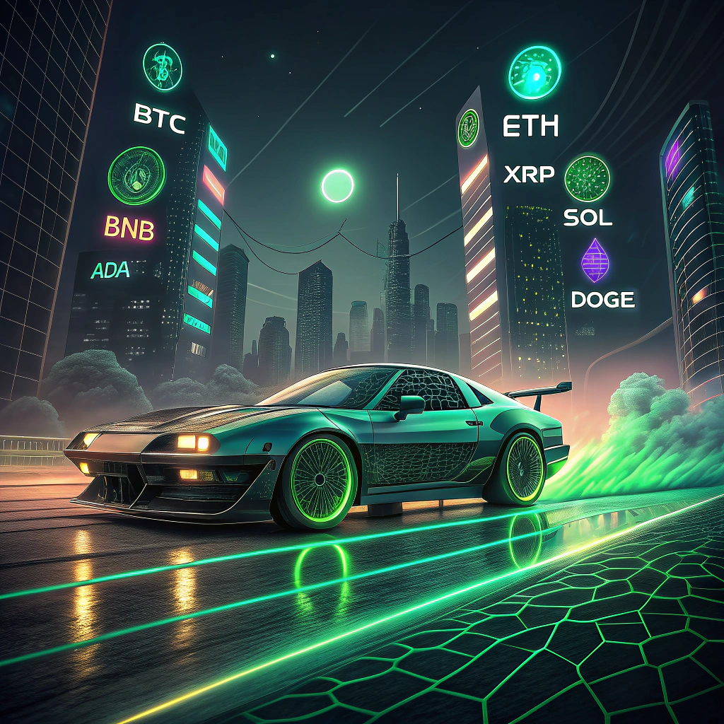 AI generated image by Red Panda AI: A cyberpunk futuristic neon-lit sports car, speeding across a glowing green digital grid that represents a trading platform and cyber world. The grid emits electric pulses and data streams. Behind the car, dynamic 3D cryptocurrency token float in the air: BTC, ETH, XRP, SOL, BNB, ADA, and DOGE, each with holographic neon effects, in their identical colors and clear to see, exactly 7 tokens. Dark cyberpunk cityscape in the background with towering skyscrapers. Speed motion blur around the wheels, vibrant green and blue neon color scheme, hyper-detailed, 8k resolution, cinematic lighting, ultra-realistic.