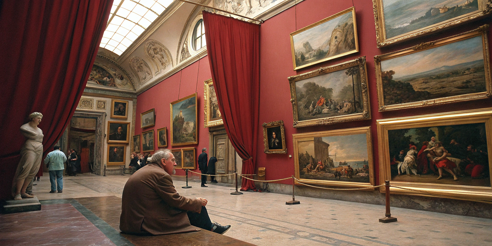 AI generated image by Red Panda AI: A 1986 film-photograph of an art gallery with many frames on the walls, each frame containing scenes from different historical eras and cultures. In one corner is an old man sitting in front of his collection of paintings, surrounded by people looking at pictures of architecture, statues, animals, and fashion styles. The red curtains open to reveal a magnificent view outside. There's an atmosphere filled with history and culture. It feels like stepping back through time into a parlour gallery. The paintings in the gallery are in the style of Raphael and depict an art gallery filled with numerous frames and paintings, with people sitting in the center observing them. The frame is adorned with baroque architectural elements, such as arches and columns. In one corner, there are some golden statues. There are also animals like horses and dogs around the scene. The overall impression is one of richness and luxury. The entire scene conveys a sense of opulence and lavishness.