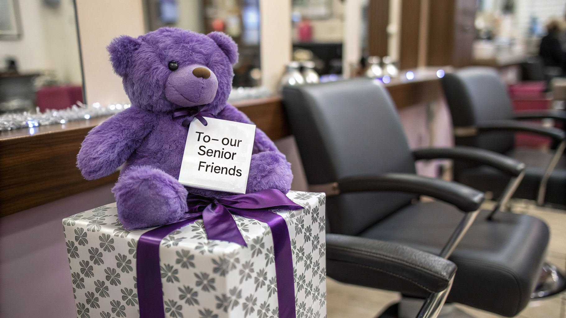 AI generated image by Red Panda AI: a staged photo that shows a purple teddy bear sitting on a wrapped holiday gift (perhaps in silver and white paper to complement the purple and maintain the Blair school colors). The gift could be positioned on a salon styling station with professional styling tools tastefully blurred in the background, creating a connection between the salons and the giving program. A simple gift tag visible in the photo could read "To: Our Senior Friends."