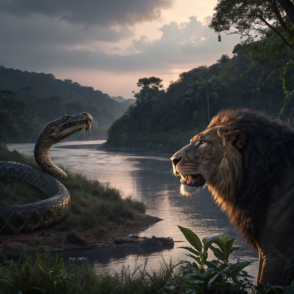 AI generated image by Red Panda AI: an anaconda, with lion mane,skin and head, at river, dramatic cinematic